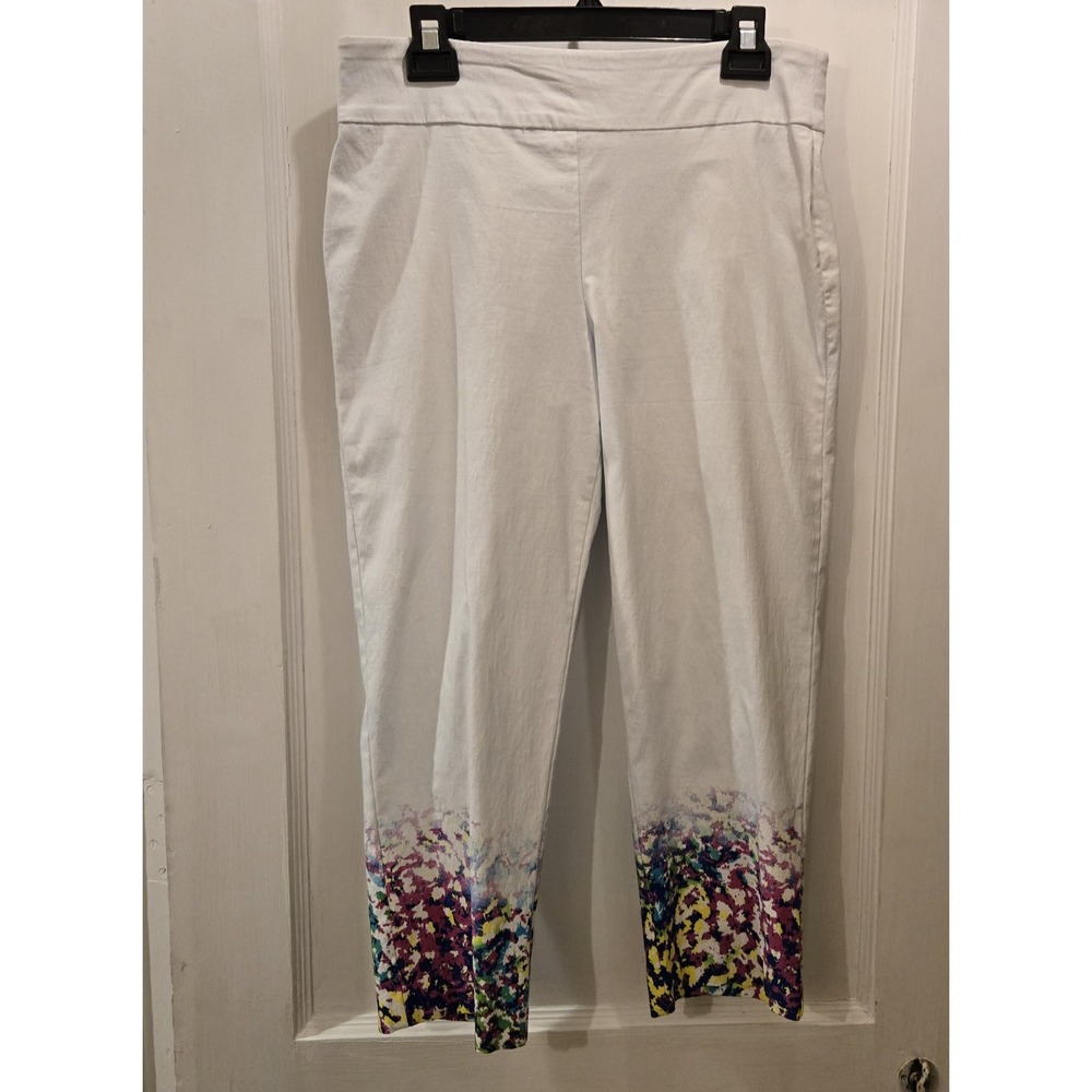 Attyre‎ White Capri Pants W/ Colorful Abstract Design At Bottom Of Legs 12P